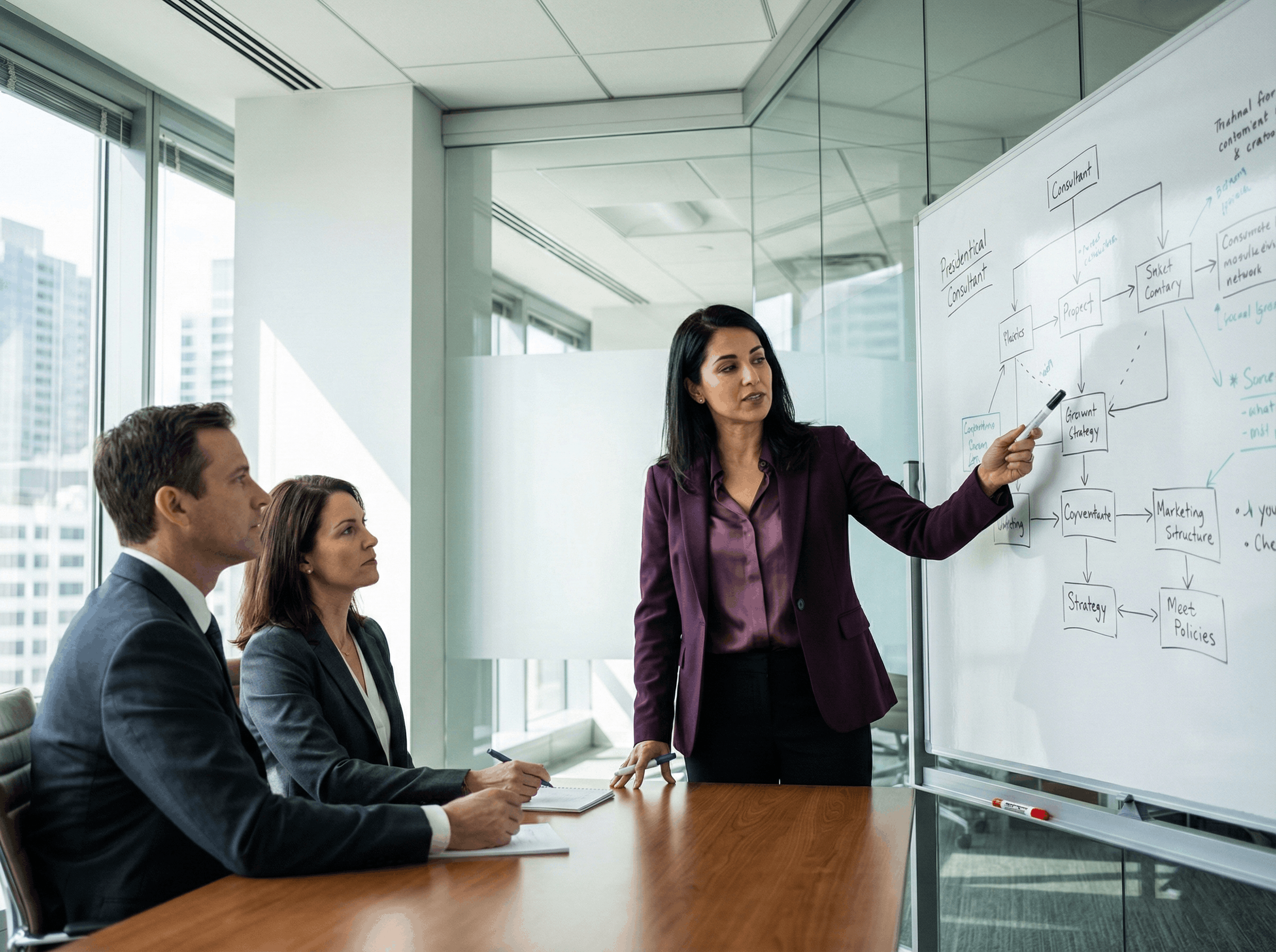 Kurumsal çözümler: danışmanın beyaz tahta önünde strateji anlattığı profesyonel an