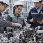 Fabrika üretim hattında baret ve koruyucu gözlük takan dört çalışan, motor bloğu montajında birlikte çalışıyor