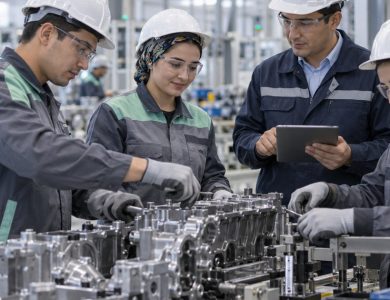 Fabrika üretim hattında baret ve koruyucu gözlük takan dört çalışan, motor bloğu montajında birlikte çalışıyor