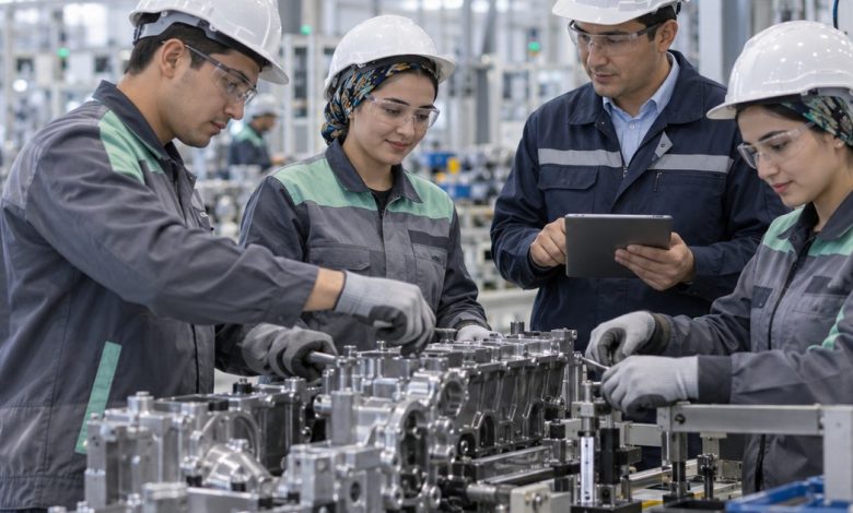 Fabrika üretim hattında baret ve koruyucu gözlük takan dört çalışan, motor bloğu montajında birlikte çalışıyor